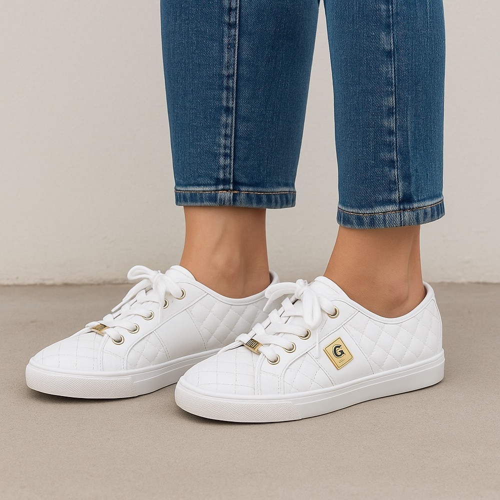 G by Guess White Quilted Sneakers with Gold Accents